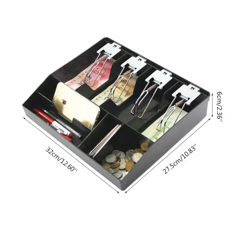 8 сеток, увеличивающая рост, черный пластиковый ящик для хранения монет, банкнот, лоток для денег, органайзер с 4 съемными металлическими зажимами D08B
