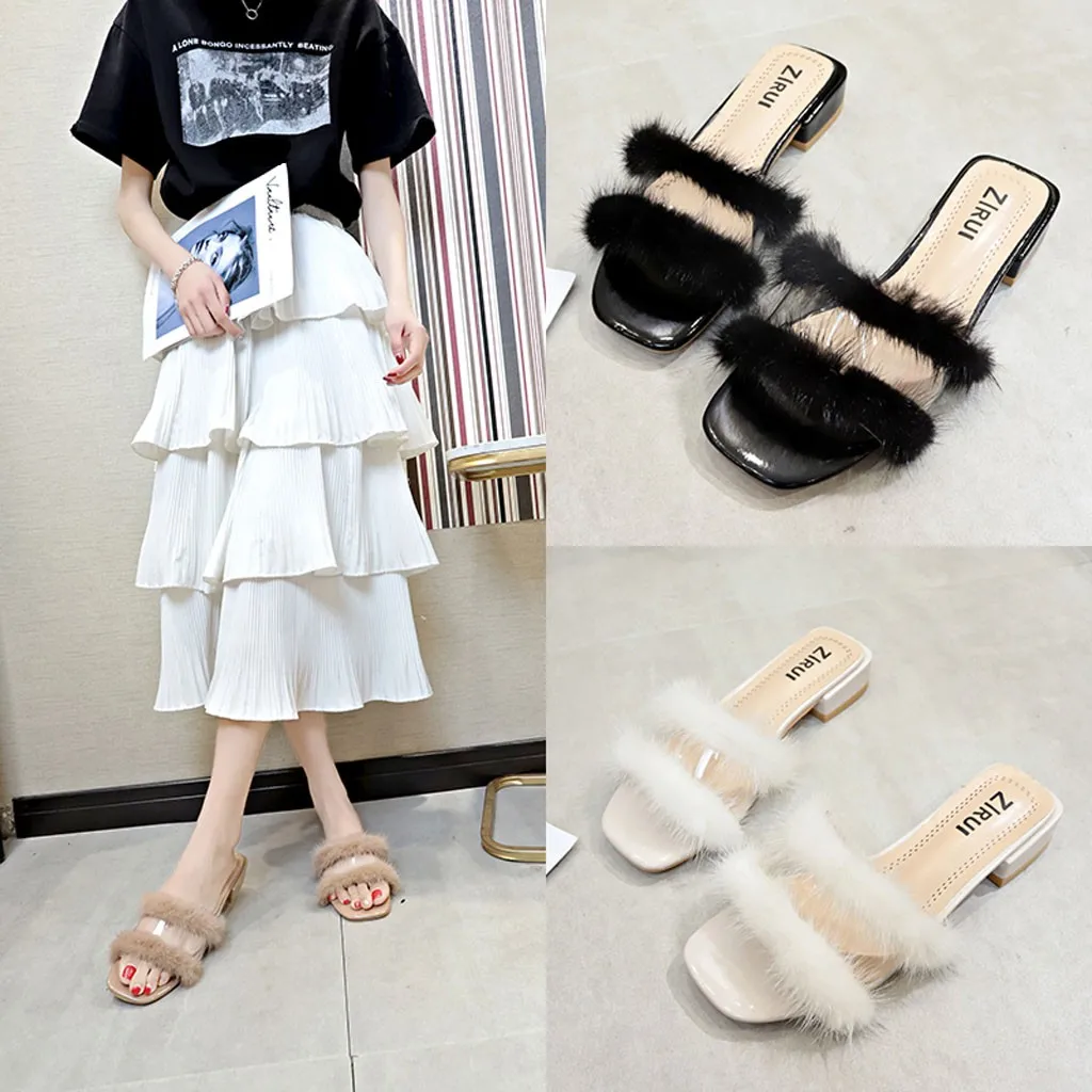 

SAGACE Women Slippers Casual Flats Plush Slip On Ladies Low Heel Sandals Transparent Slippers Female Outdoor Non-slip Slipper