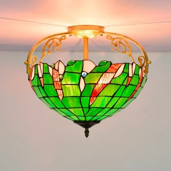 

40cm American rural green beads colored glass dining room bedroom corridor glass semi ceiling lamp