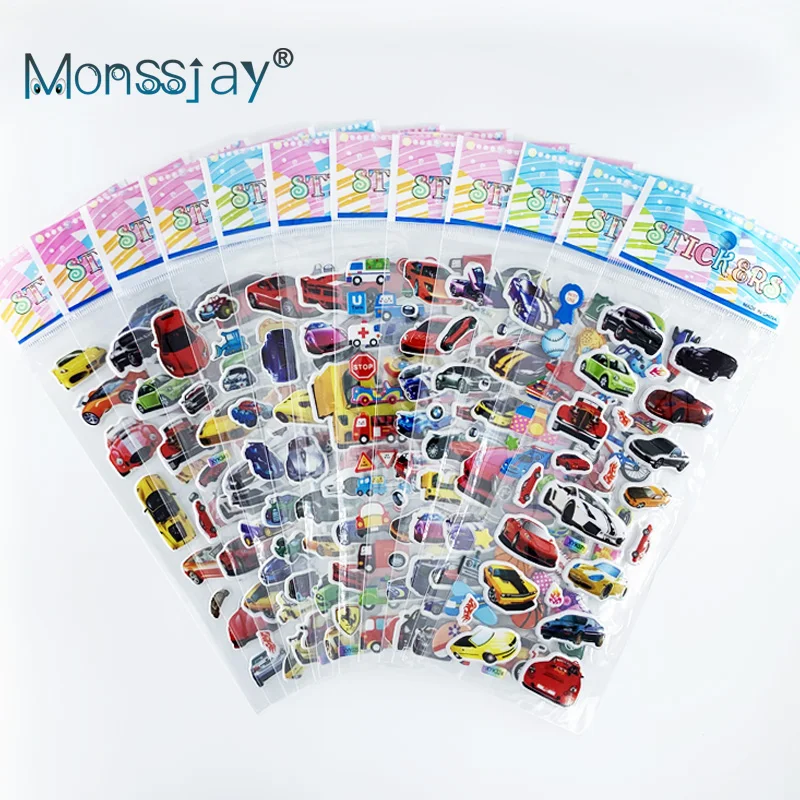 Juego de 12 hojas de pegatinas de PVC para coche de carreras, pegatina de burbuja hinchada 3D de estilo de coche deportivo para niños, pegatinas de dibujos animados para álbum de recortes, juguetes clásicos