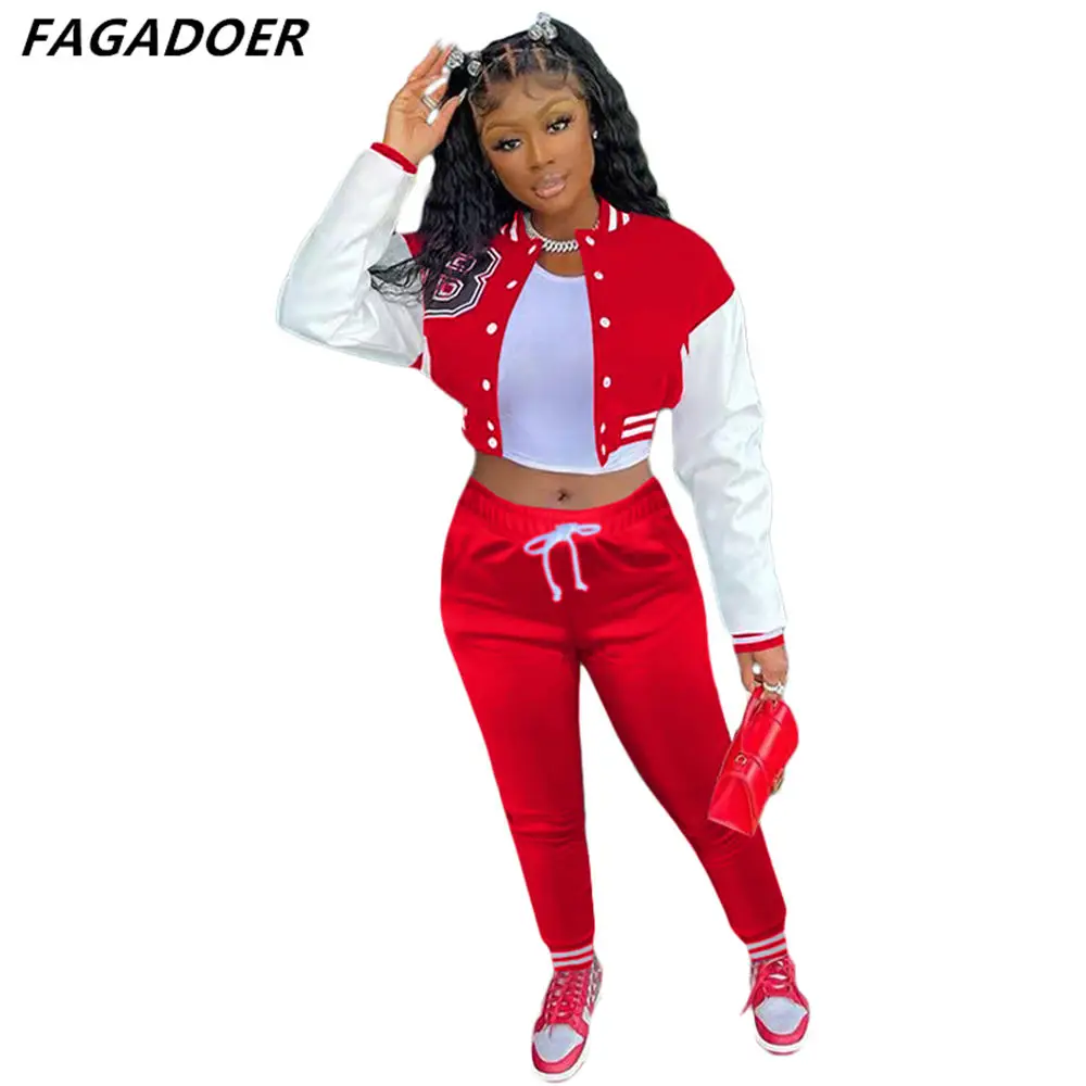 FAGADOER Autumn Winter Baseball Uniform New Women Button Letter Print Coat And Pants Tracksuits Casual 2pcs Outfits Streetwear women's sweat suits sets Suits & Blazers