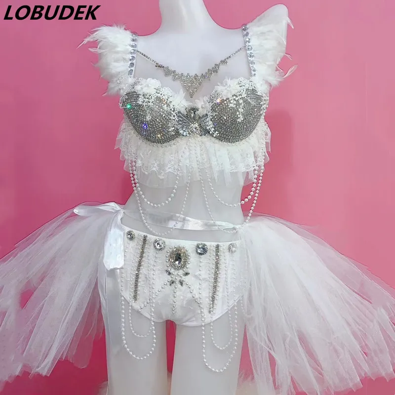 

Female Costume Crystals Pearl Bikini Skirt Set Bar Party Nightclub DJ Singer Dance Outfit Catwalk Performance White Stage Wear