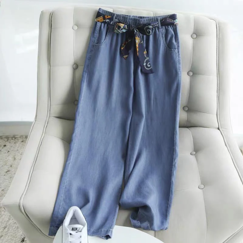 2020 Summer New Korea Fashion Women Elastic Waist Loose Tencel Denim Pants All-matched Casual Wide Leg Pants Female Jeans S912 2020 Summer New Korea Fashion Women Elastic Waist Loose Tencel Denim Pants All-matched Casual Wide Leg Pants Female Jeans S912