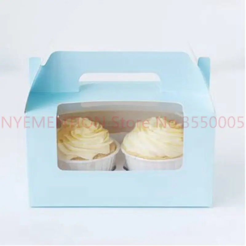 Коробка для кексов с окном 2 отверстия торт Muffin упаковочные коробки, свадьба, день рождения Кондитерские подарок держатель упаковочные материалы ручка 100 шт - Цвет: Синий