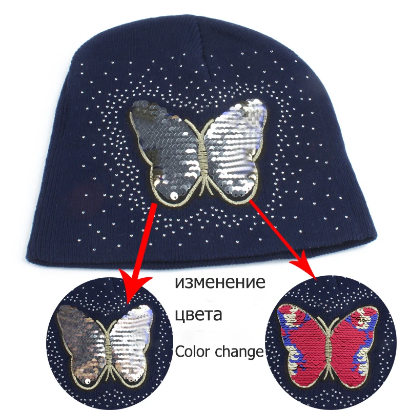 Girls Baby Beanie Winter Hat For Kids Cartoon Butterfly Sequin Winter Cap Children Warm Knitted Rhinestone Skullies Beanies