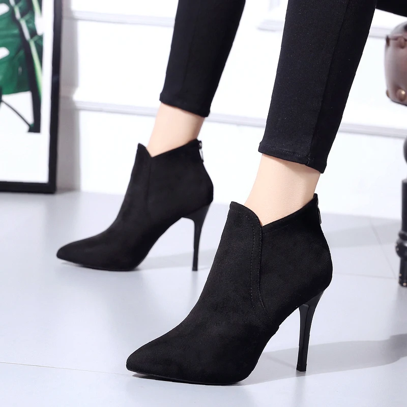

Liren 2019 Winter Lady Sexy Pointed Toe Ankle Boots Comfortable Zip Fashion Warm Casual Boots High Thin Heels Lady Boots
