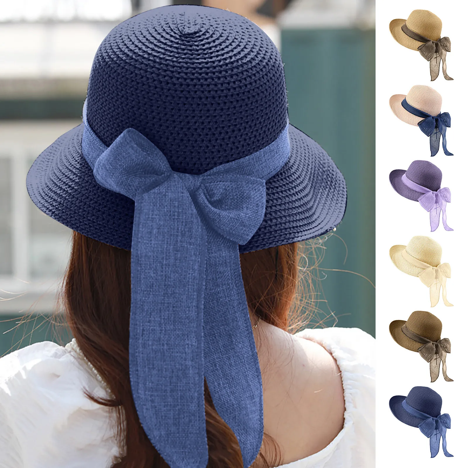 Sun Hat Decorated With Bow Czapka Przeciwsłoneczna Women's Summer Protection Holiday Beach | Аксессуары для одежды