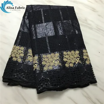 

Alisa black french bazin riche african fabric 2020 high quality embroidered with stones hollow out design 5 yards/pcs for sewing
