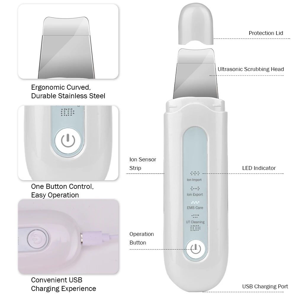  Ultrasonic Skin Scrubber Facial Peeling Extractor Lift UT Deep Cleaning Machine Ion Export Import +