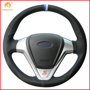 

MEWANT Black Leather Black Suede Car Steering Wheel Cover for Ford Fiesta 2008-2013 Ecosport 2013-2016 Interior Accessories