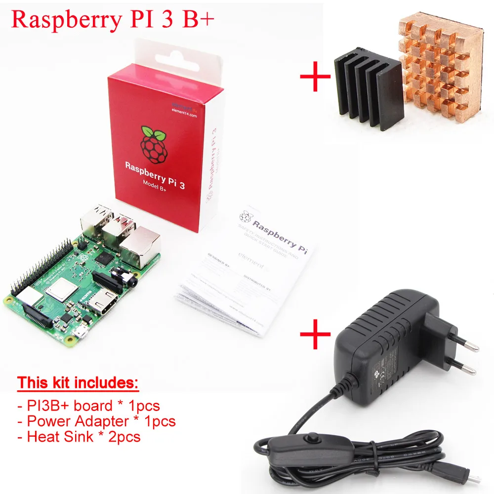 Комплект 2 Raspberry Pi 3 Model B+ плюс плата+ теплоотвод+ адаптер питания источник питания переменного тока. 1Гб LPDDR2 четырехъядерный WiFi и Bluetooth - Комплект: Комплект 2