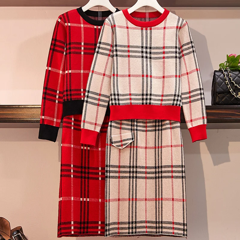 

Women Autumn Elegant Plaid Printed Skirt Set Long Sleeve Warm Sweater pullovers And Slim Midi pencil Skirt Suits Thicken Outfits
