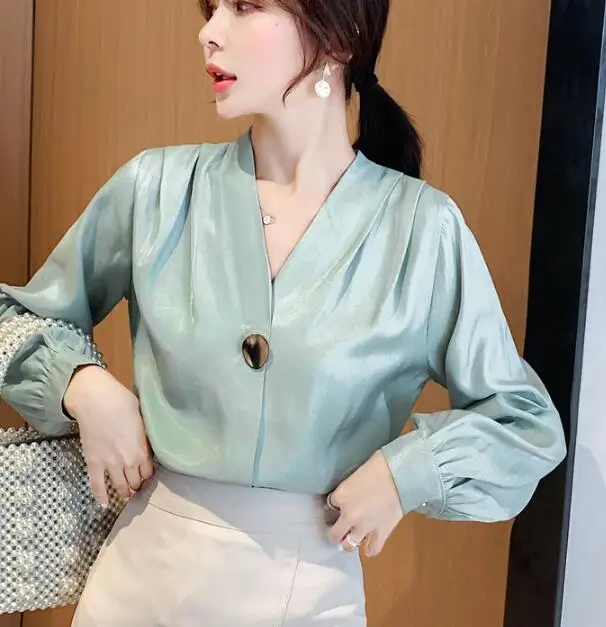 

2019 Autumn New Arrival High Quality V Collar Solid Long Sleeve Woman Fashion Blouse