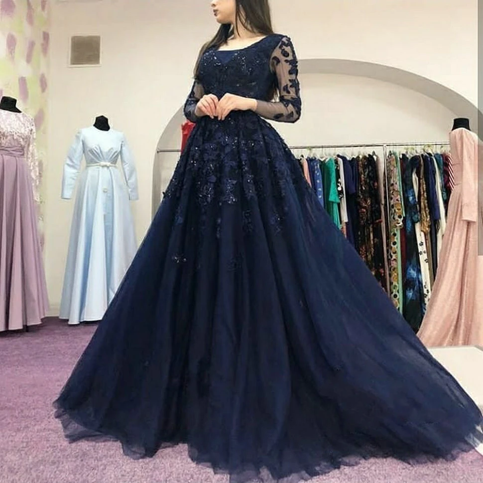 

Delicate Dark Navy Evening Gown Long Sleeves Lace Appliqued Beaded A Line Evening Dresses Party Guest Banquet Women Formal Dress