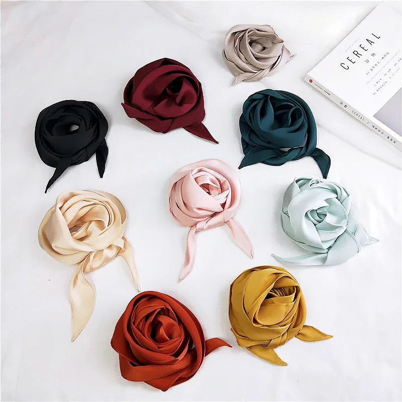 Женский модный Шелковый шарф с лентой, красивый однотонный дизайнерский шейный платок для девочек, повязка на голову, Сумка с ручками, маленькие шейные шарфы