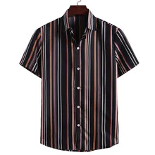 KISSQIQI Men Striped Short Sleeve Shirt Fashion Creative Turn-down Neck Shirt Loose Summer Male Tops Maximum Asian Size M-3XL