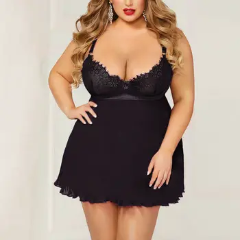 

New Women Plus Size V-Neck Pretty Babydoll Set Lace Lingerie G-String Underwear