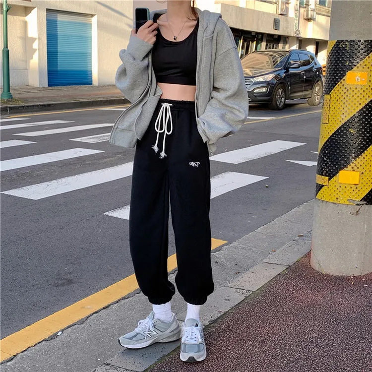 Winter white Sweatpants Women European Style Sports Plus fleece Pants Baggy Harajuku Gray Loose Trousers Straight Pants Girls black pants