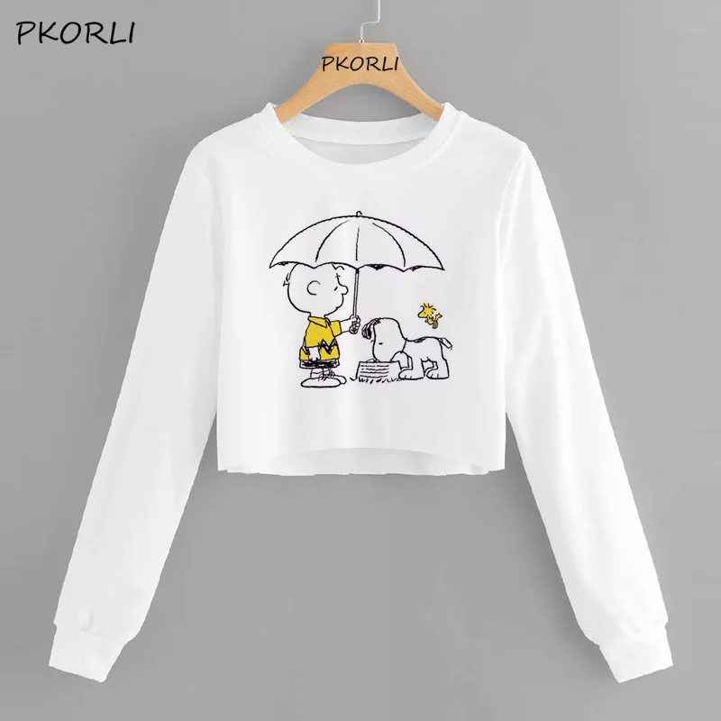 Snoopy/укороченная Толстовка для женщин с длинным рукавом, толстовка с капюшоном, повседневные пуловеры, футболки с надписью, толстовки