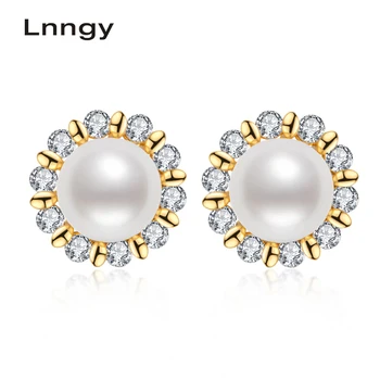 

Lnngy 14K Gold Filled 7.5-8mm Natural Cultured Freshwater Pearl Flower Stud Earrings Women Wedding Earrings Fine Jewelry