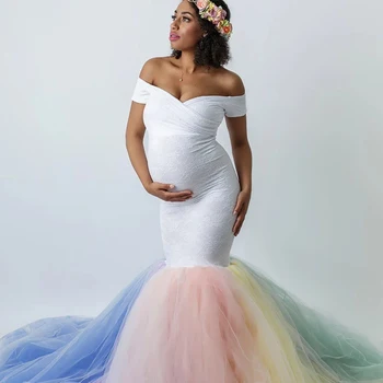 

Mermaid V-Neck Sexy Women's Tulle Lace Splicing Mesh Pregnant Tailed Short Sleeve One-piece Dress Photography Tailed Dress