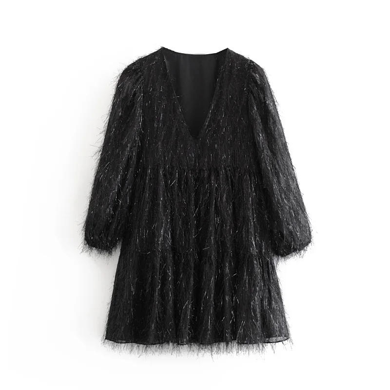 Женское мини-платье с длинным рукавом и V-образным вырезом однотонное вечернее