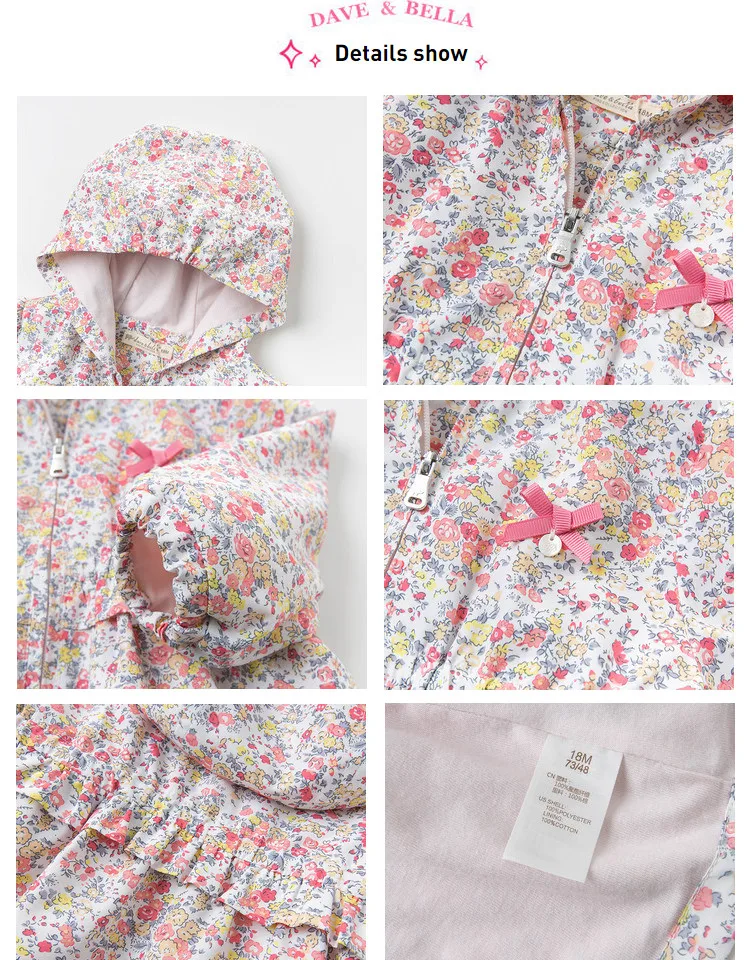 Ruched com Capuz Dave Bella Primavera Bebê Meninas Bonito Zíper Floral Arco Cabolsa Crianças Topos Moda Infantil Criança Outerwear Db12946 10 zíper floral arco ruched com capuz casaco