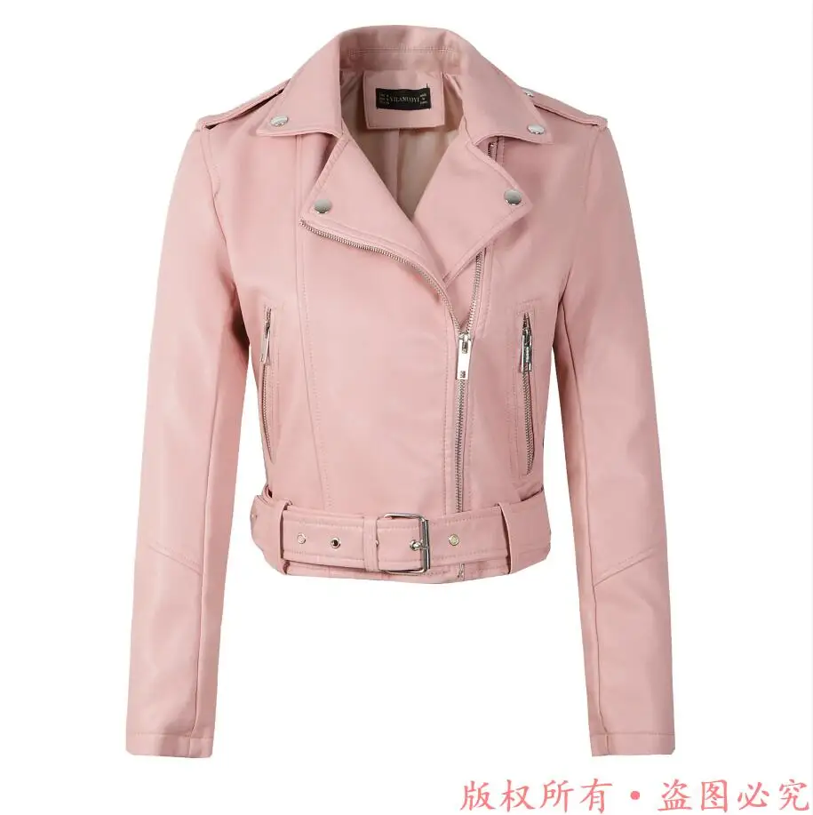 YLL8828 Pink Новое поступление, брендовые зимние осенние зеленые мотоциклетные кожаные куртки, желтая кожаная куртка, женское кожаное пальто, тонкая куртка из искусственной кожи - Цвет: YLL8828 Pink