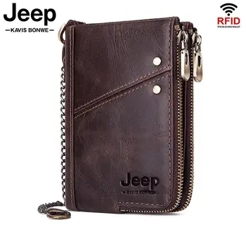 

Luxury Brand Cowhide Genuine Leather Men Wallet Double Zipper Fashion Male Walet Coin Pocket Small Purse Portomonee Male Chain