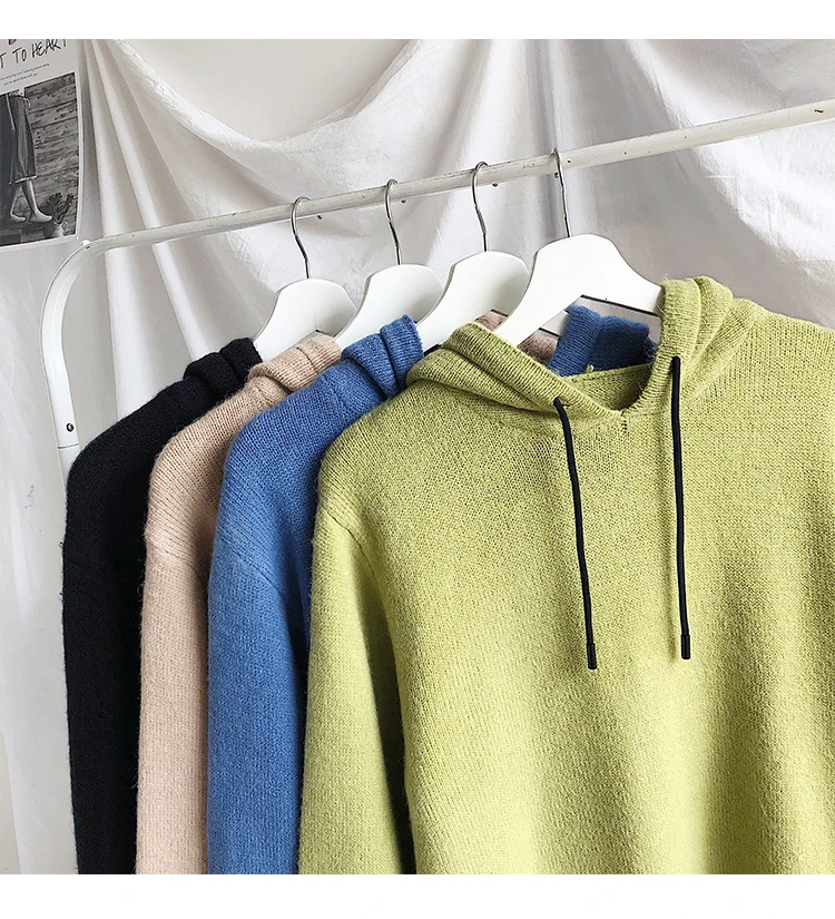 Hooded Sweater Men's Fashion Solid Color Casual Knit Pullover Man Wild Loose Long-sleeved Sweater Male Sweter Clothes M-2XL