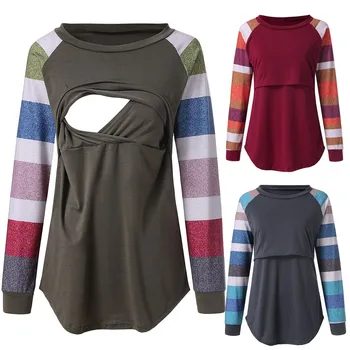 

Nursing-Tops T-shirt Maternity Womens Nursing Stripe Long Sleeve Round Neck Breastfeeding Blouse Women Casual Tee Tops Plus Size