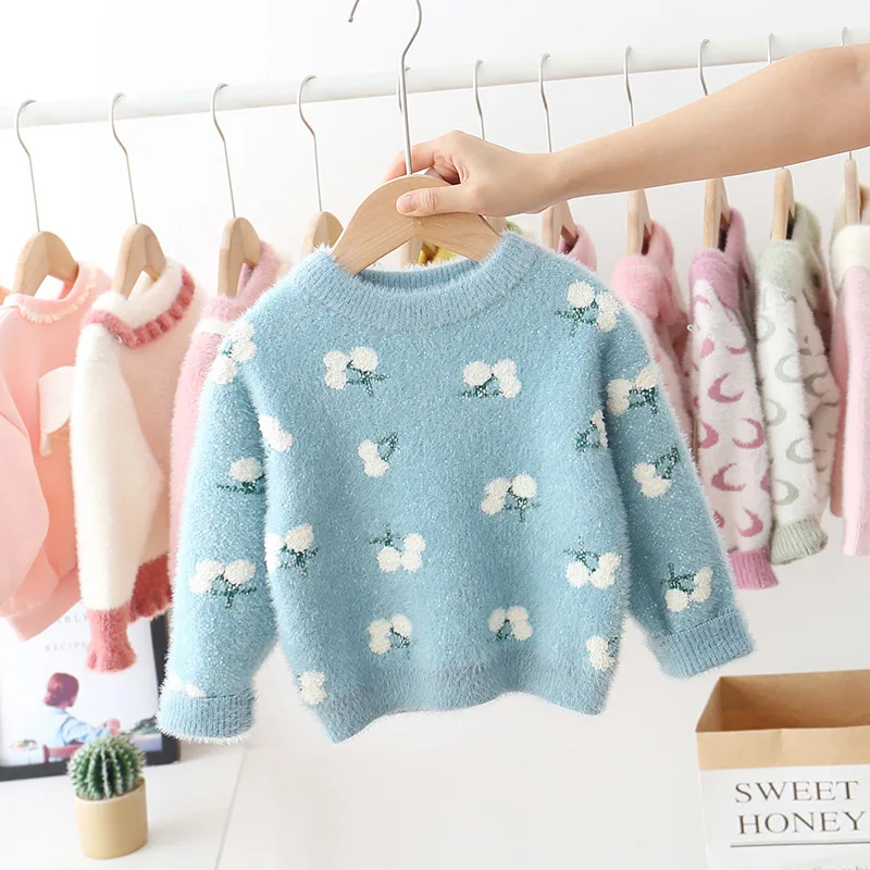 Осенний вязаный свитер с длинными рукавами и принтом любящего сердца для маленьких детей, Детский бархатный пуловер для девочек, джемперы