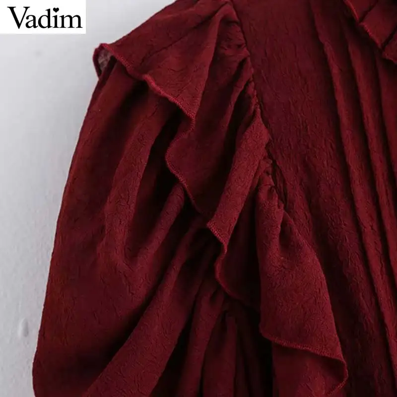 Vadim элегантная винно-красная блузка с оборками, с длинным рукавом, на завязках, плиссированная рубашка, Женская офисная одежда, Стильные топы, blusas LB627