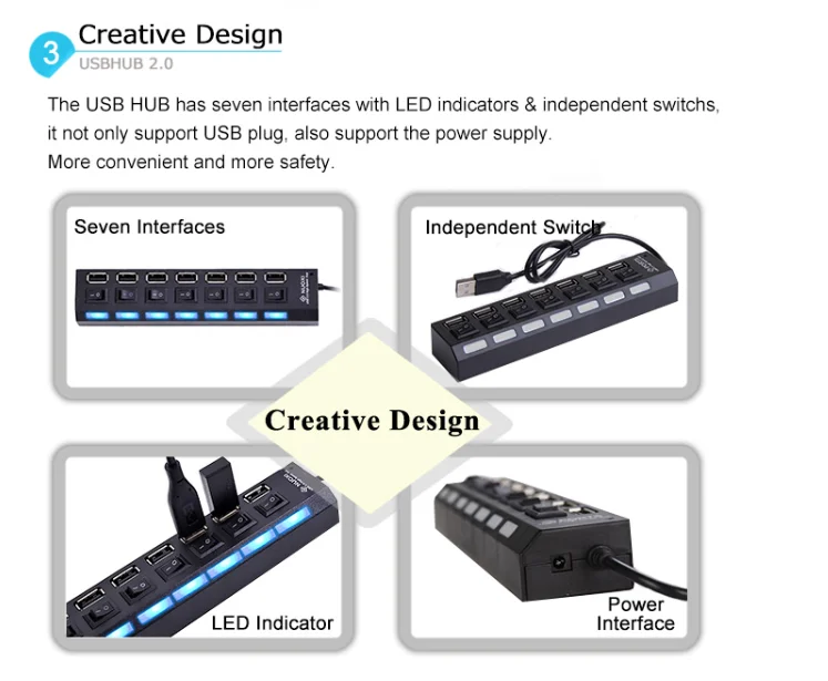 Микро usb-хаб 2,0 Мульти USB порт 4/7 порты концентратор USB Высокоскоростной Hab с переключателем вкл/выкл USB разветвитель для ПК Компьютерные аксессуары