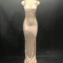 

Sparkling Full Rhinestones Backless Dress Split Fork Sleeveless Floor-Length Dresses Gloves Ladies Nightclub Performance Costume