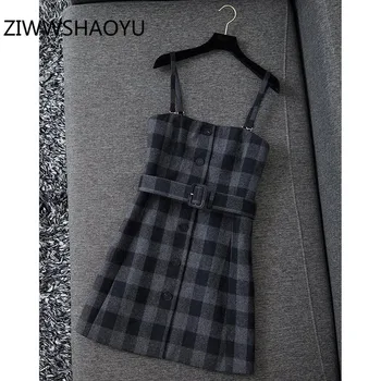 

ZIWWSHAOYU Fashion Women's Runway Autumn Winter Wool Spaghetti Strap Dresses Vintage Plaid Short Dress Vestdios