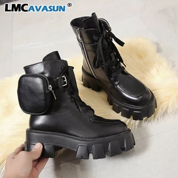 

LMCAVASUN 2020 Women Pocket Boot Lace Up Ladies Ankle Boots Female Combat Runway Buckle Strap Ankle Boot Woman Platform Shoes