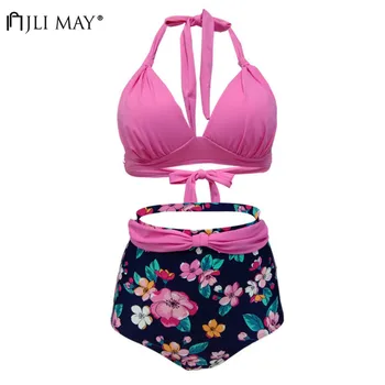 

JLI MAY Floral Print Swimsuit Sexy Women High Waist Wire Free Rose Red Top Swimwear Bowknot Halter Backless Bikini Set Plus Size
