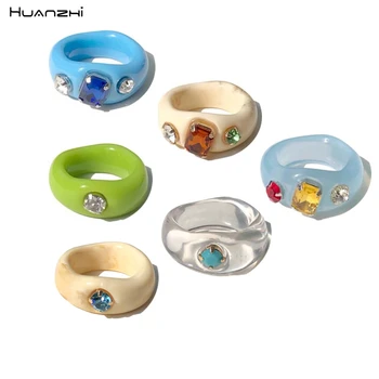 New Colorful Transparent Acrylic Rhinestone Resin Ring Geometry Simple Rings for Women Girls Jewelry Party Gifts HUANZHI 2020