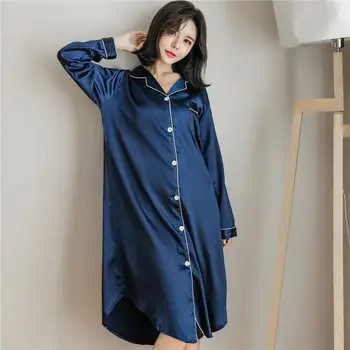 

Pajamas Female Summer Silk Long Sleeve Nightdress Plus Size Sexy Ice Silk Shirt Gown Womens Robes Sleepwear Satin Robe