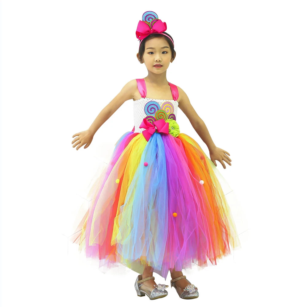 Радуга Леденец Pattern Цветочные Платья для Девочек для Партии и Свадьбы Сладкий Детский День Рождения Детский Фея Костюм Девоче