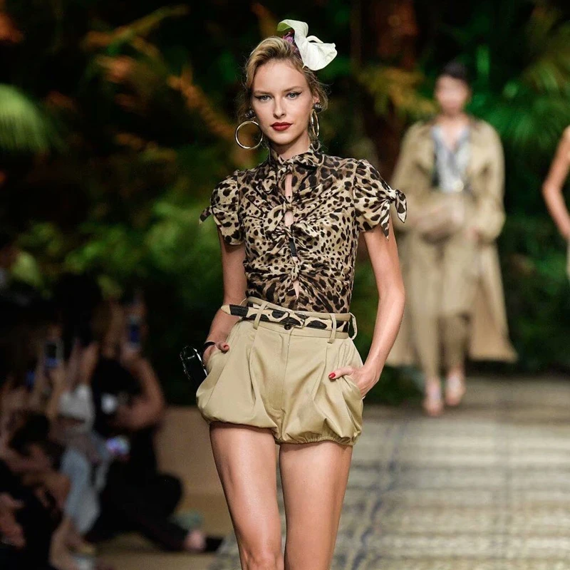 Print Leopard Bow Short-Sleeved Sexy Top Solid Color High Waist Elastic Shorts Women'S Two-Piece Suit Spring And Summer | Женская