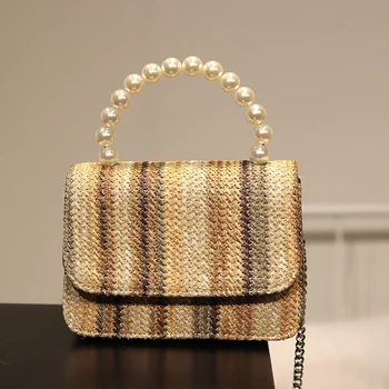 

2020 New Niche Design Bag Straw Clamshell Small Square Bag Pearl Banquet Portable Crossbody Bag Retro Chain Handbag