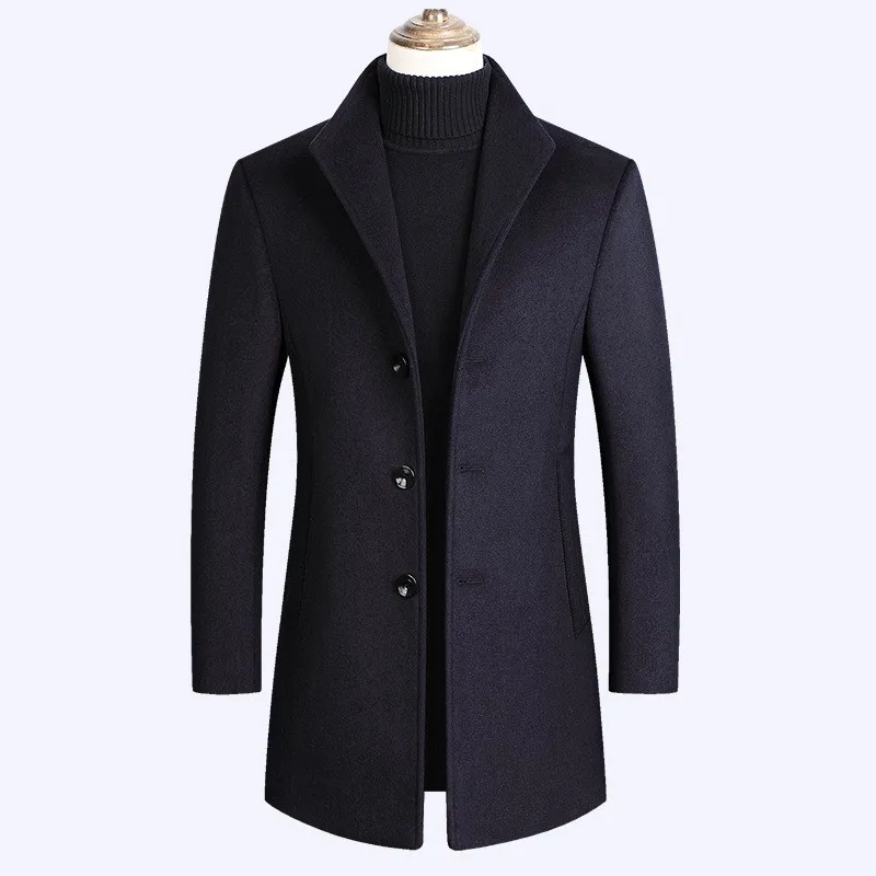 Smart casual осень зима твердые мужские шерстяные пальто с длинным рукавом однобортный стоячий воротник средней длины пальто размера плюс
