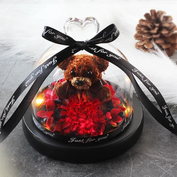 

Home Decor Beauty And The Beast Rose Flower Teddy Bear With LED Light In Glass Dome For Valentine's Day Mother's Day Gift