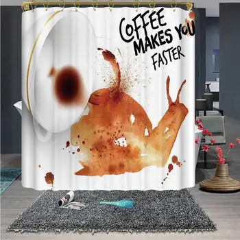 

Coffee Art Beautiful Shower Curtain Abstract Watercolor Style Snail with Lettering Hot Morning Drink Decorative