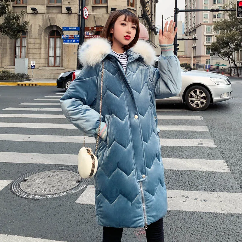 High Quality Winter Jacket Women Velvet Hooded Thicken Fur Warm Female Coat Long Parka Solid 5 Colors - Color: Lake blue