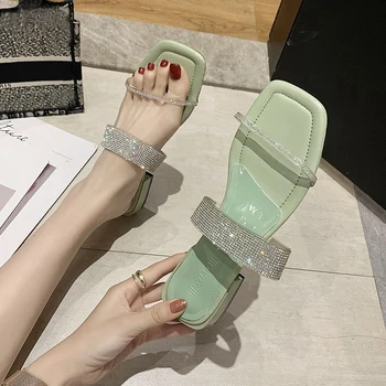 

Rimocy 2020 Summer Women Strappy Crystal Slippers Sexy Open Toe Low Heel Sandals Woman Fashion Party Apricot Black Slides Mujer