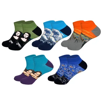 

3Pairs/lot Starry Starry Night Cotton Funny Painting Socks Women Men Western Mona Lisa Kiss Oil Painting Retro Couple Short Sock