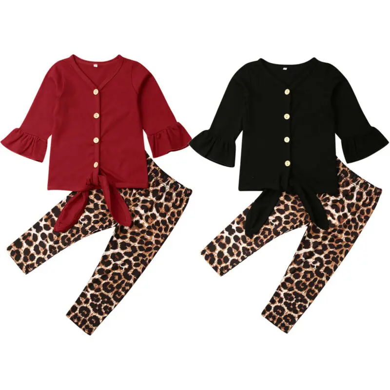 

2020 New Fall Autumn 1-6Y Toddler Kids Baby Girl 2Pcs Set Bow Single Breasted Flared Long Sleeve Top+Leopard Print Long Pants